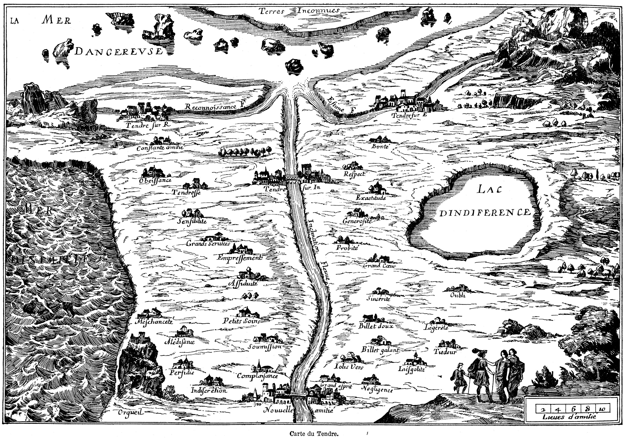 Carte du Tendre – allegorische Landkarte des Landes der Zärtlichkeit, Kupferstich, zugeschrieben François Chauveau, aus Madeleine de Scudérys Clélie (1654).